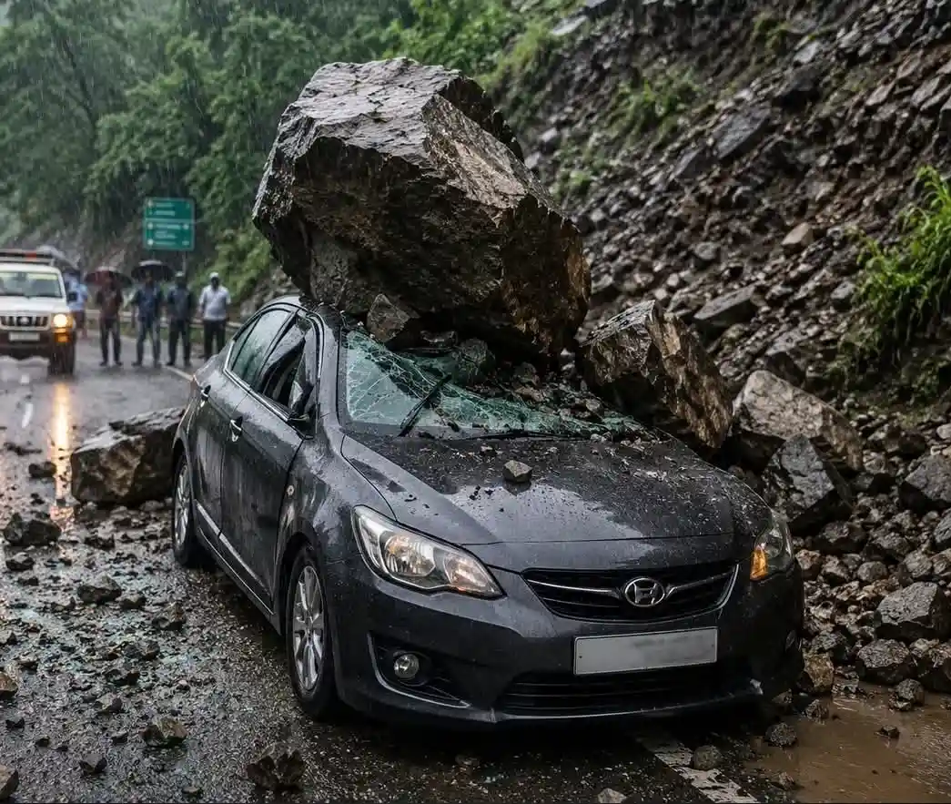 नैनीताल-काठगोदाम मार्ग पर टूटा पहाड़, पर्यटकों की कार पर गिरे भारी बोल्डर